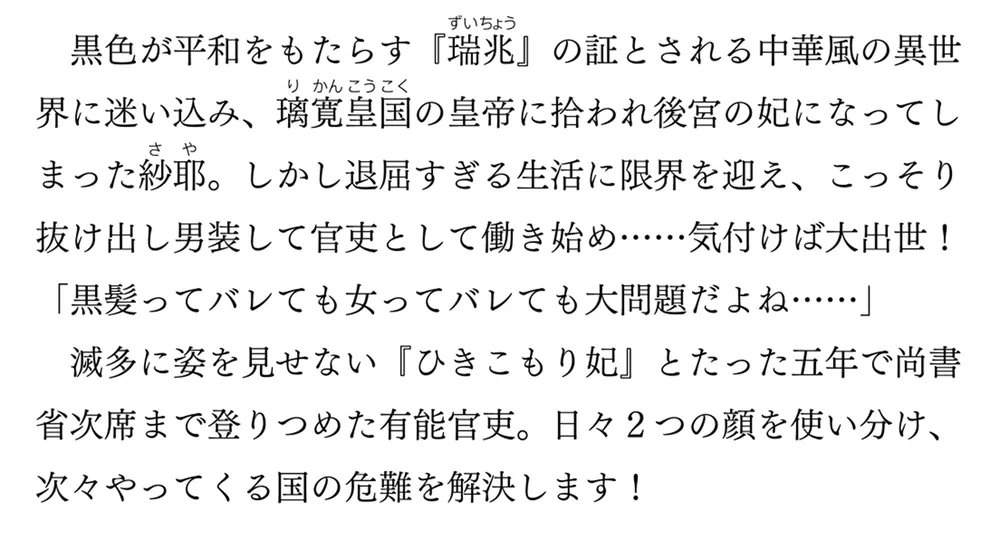 璃寛皇国ひきこもり瑞兆妃伝 日々後宮を抜け出し、有能官吏やっ