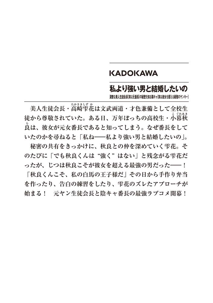 私より強い男と結婚したいの 清楚な美人生徒会長 実は元番長 の秘密を知る陰キャ 実は彼女を超える最強のヤンキー 高橋 びすい ファンタジア文庫 Kadokawa